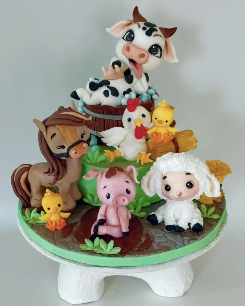 tort millel on farmiloomad nagu hobune, tibud, kana, siga, lammas ja lehm